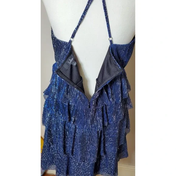 Lulus Blue Silver Metallic Party Mini Dress V Neck Ruffle  Spaghetti Strap large - Picture 8 of 14